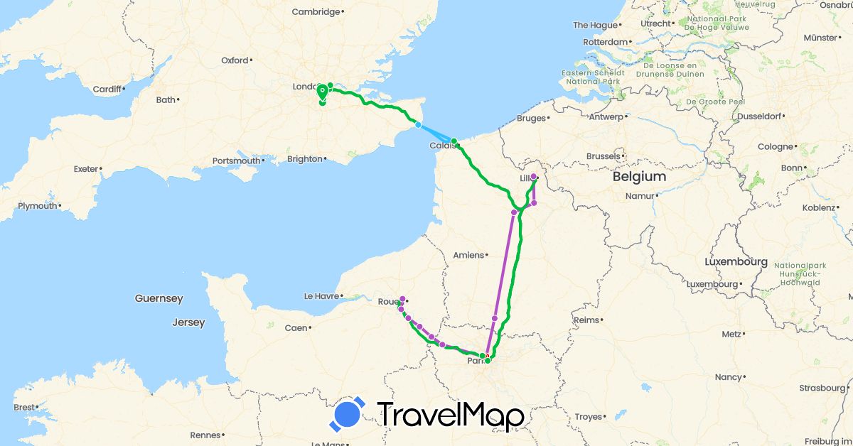 TravelMap itinerary: driving, bus, train, boat, metro (underground) in France, United Kingdom (Europe)